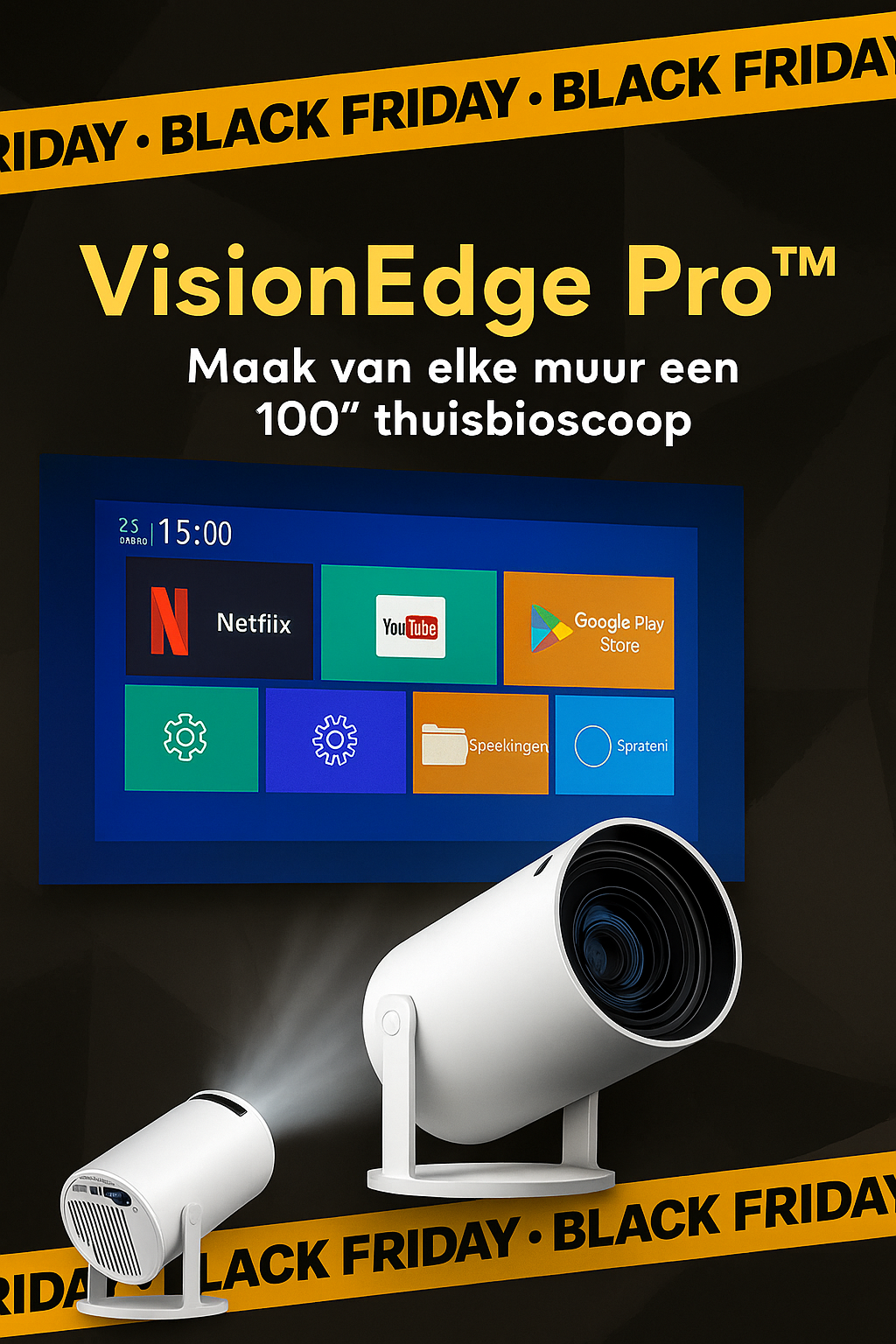 VisionEdge Pro™ Transformeert elke muur in een 100″ thuisbioscoop